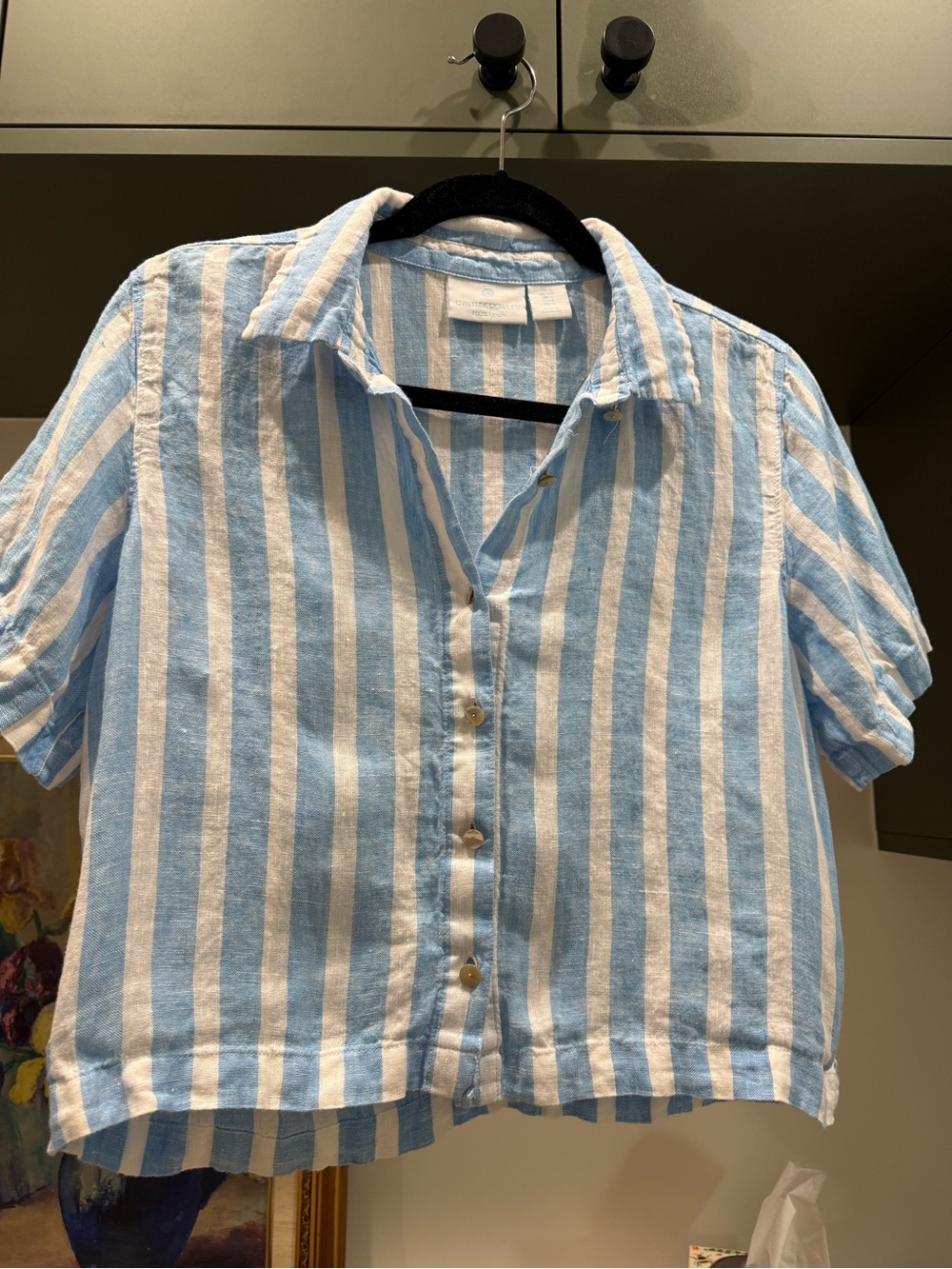 Cynthia Rowley Blue & White Vertical Striped 100% Linen Cropped Shirt Size S